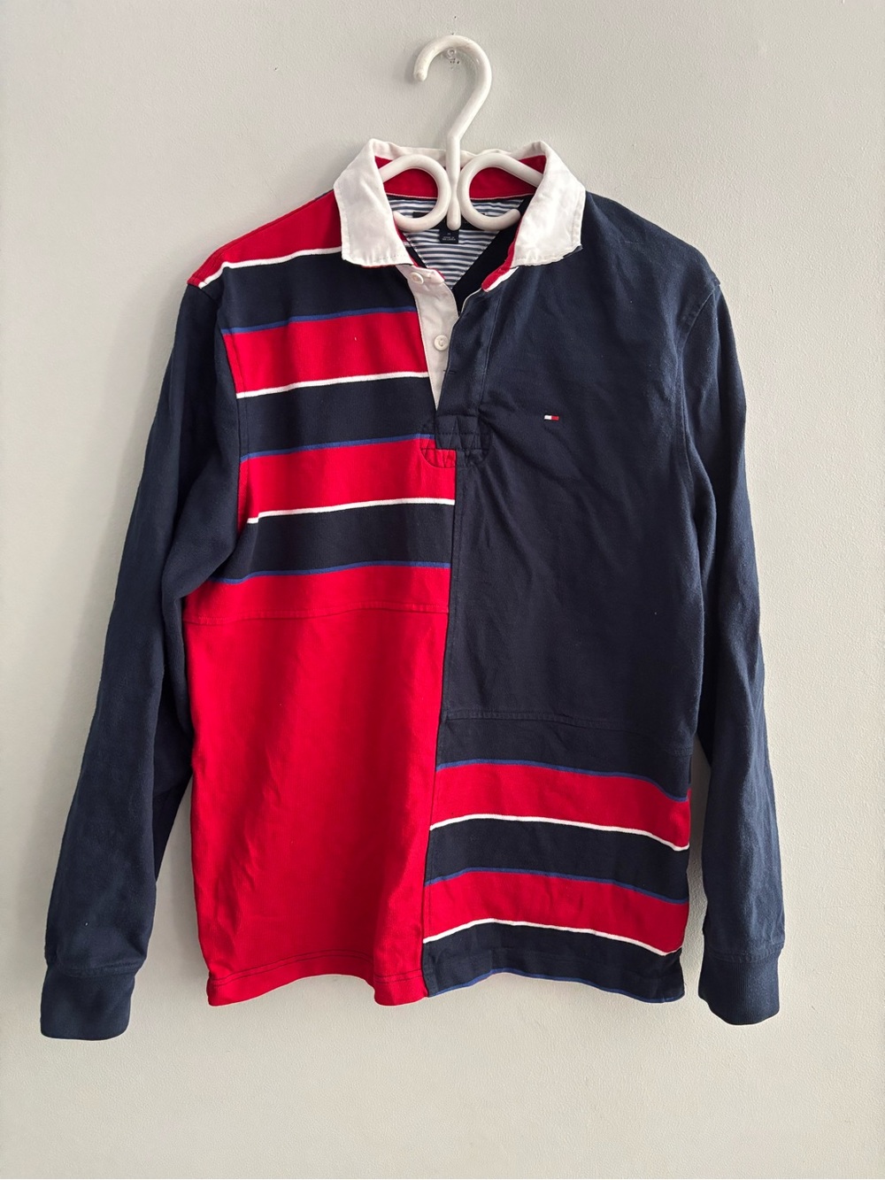 Tommy Hilfiger Men’s Navy & Red Striped Rugby Polo Size Medium Cotton Classic
